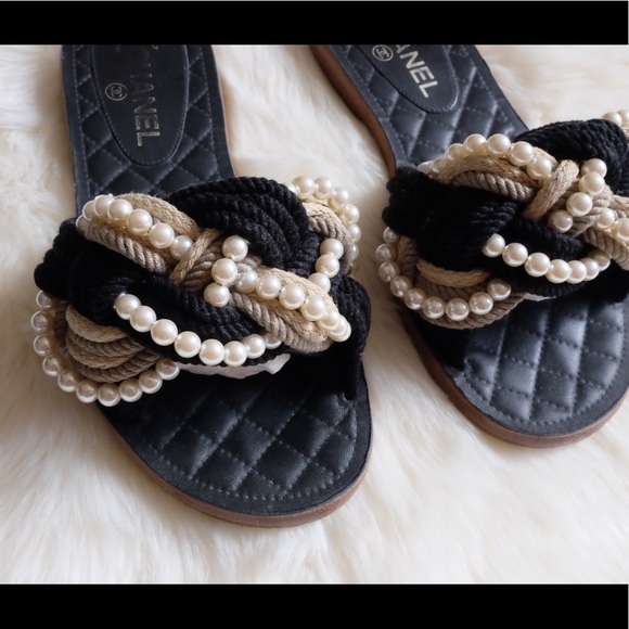 Chanel Black Cruise Pearl Cord CC Mules 38/7-7.5 - Picture 5 of 8